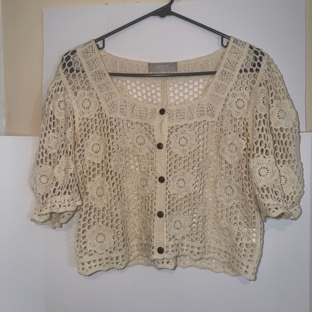 Chic Cream Crochet Button-Up Blazer - Picture 2 of 9
